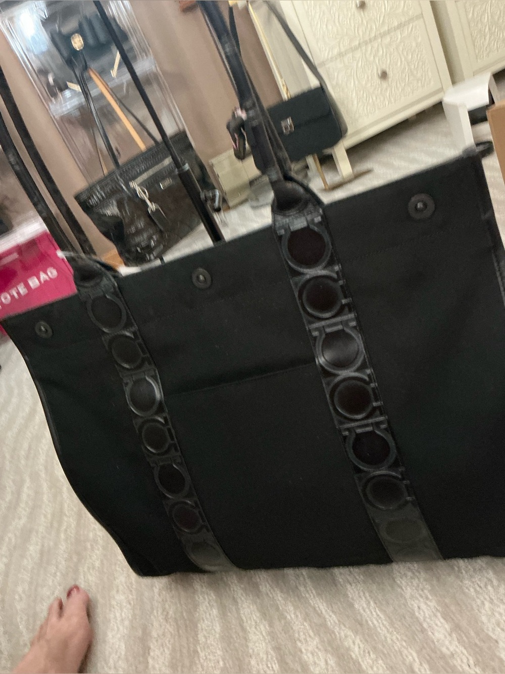 Salvatore Ferragamo Black Gancini Canvas Tote Bag Large Shoulder Shopper - Picture 8 of 16